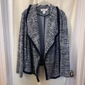 Rachel Zoe Navy White Tweed Blazer‎ Jacket Fringe Trim Open Front 3X